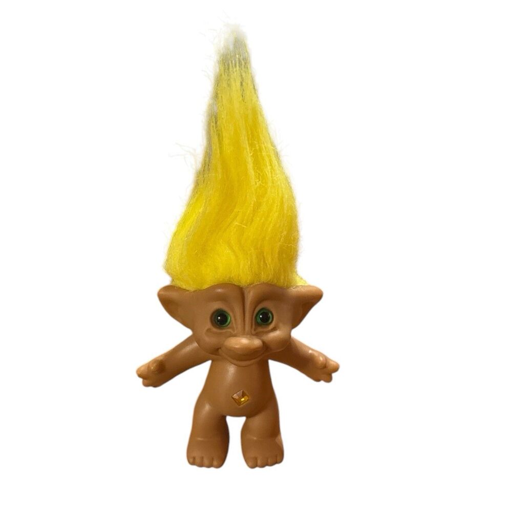 Vintage Ace Novelty Troll Doll Yellow Hair Green Eyes Diamond Belly Gem 3.5”
